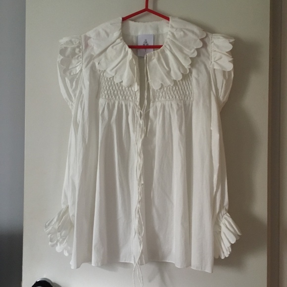 New HORROR VACUI White Cotton Puff Sleeve Pin Tuck Smocked Blouse L - Picture 1 of 7